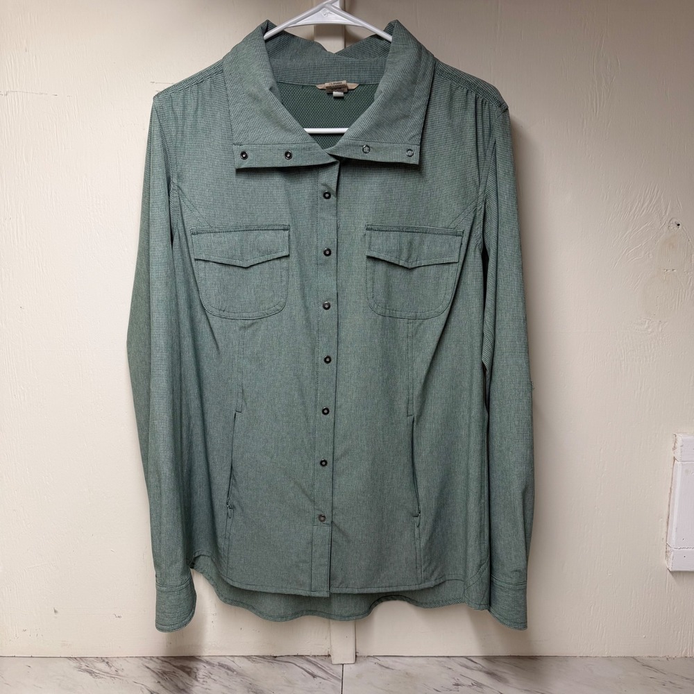 Duluth Trading Co Womens Green Micro Stripe Utility Shirt Snap Collar Size M